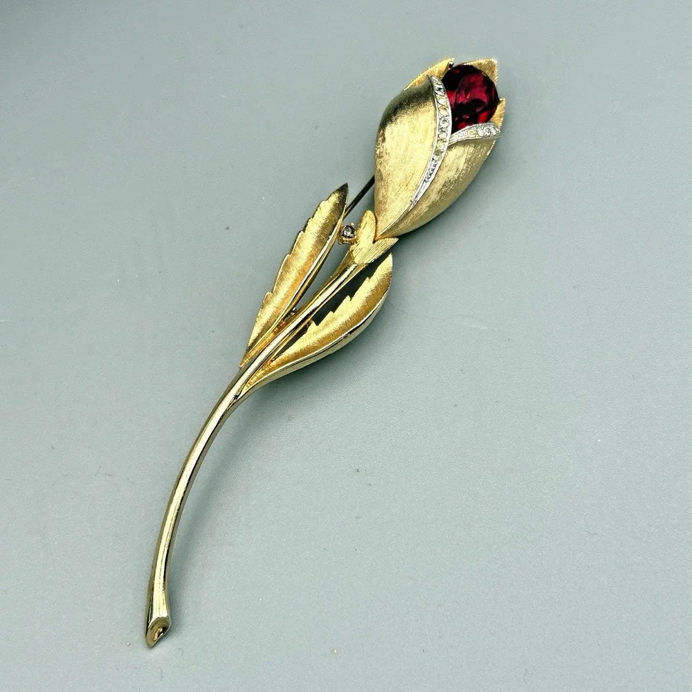Vintage Francois Coro Brooch Tulip Flower Pin Goldtone Red Stone MCM
